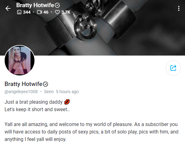 Bratty Hotwife (@angeleyes1008) screenshot dell'account hotwife Onlyfans.