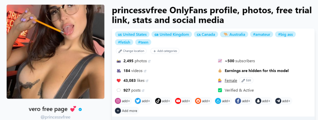 OnlyFans gratuito senza carta di credito @princessvfree Schermata della pagina Fansmetric