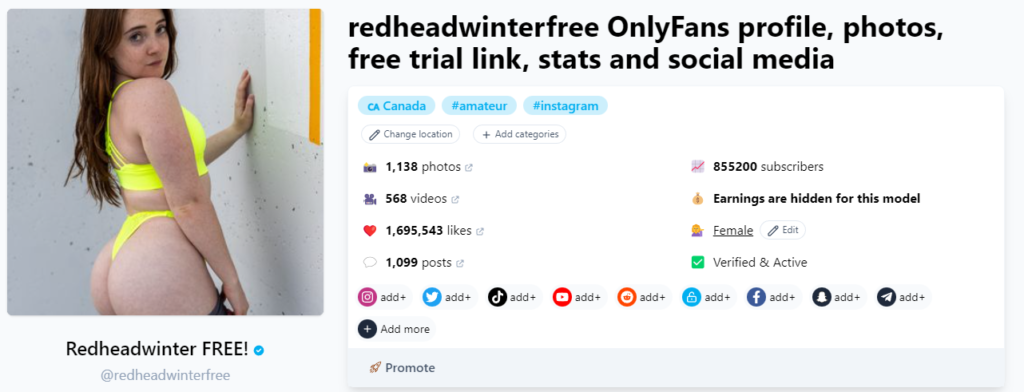 OnlyFans gratuito senza carta di credito @redheadwinterfree Schermata della pagina Fansmetric