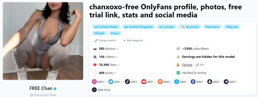 OnlyFans gratuito senza carta di credito @chanxoxo-free Schermata della pagina Fansmetric