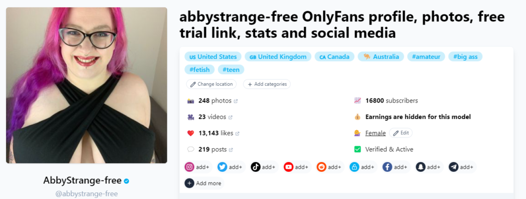 OnlyFans gratuito senza carta di credito @abbystrange-free Schermata della pagina Fansmetric