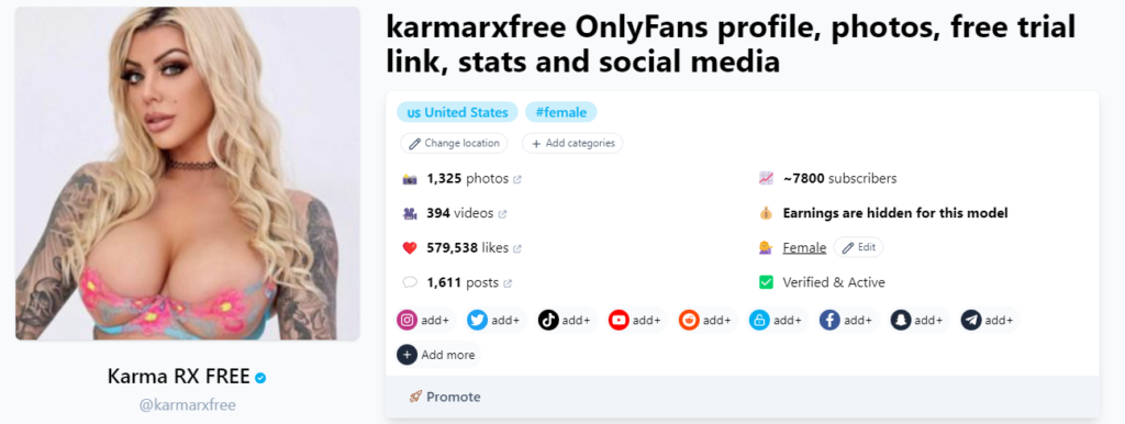 Capture d'écran de la page Fansmetric de @karmarxfree OnlyFans gratuit sans carte de crédit
