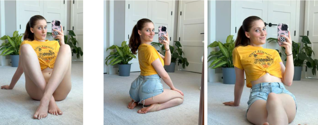  Emily Belmont @emilyeverafter OnlyFans-Model, sexy im gelben Hemd auf dem Bodenspiegel-Selfie