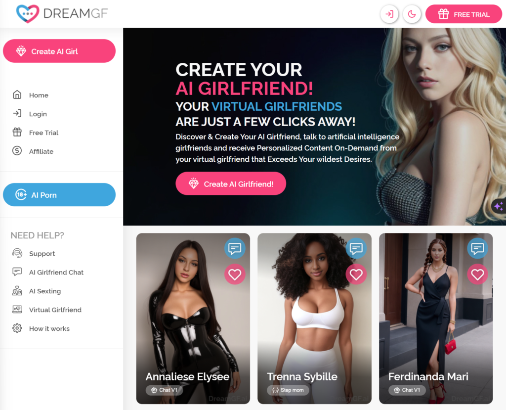 Titelseite der AI Porn Generator-Site namens DreamGF