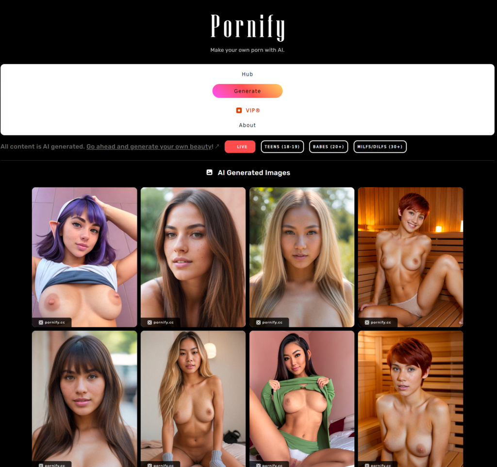 Prima pagina del sito di generazione di porno AI chiamato Pornify