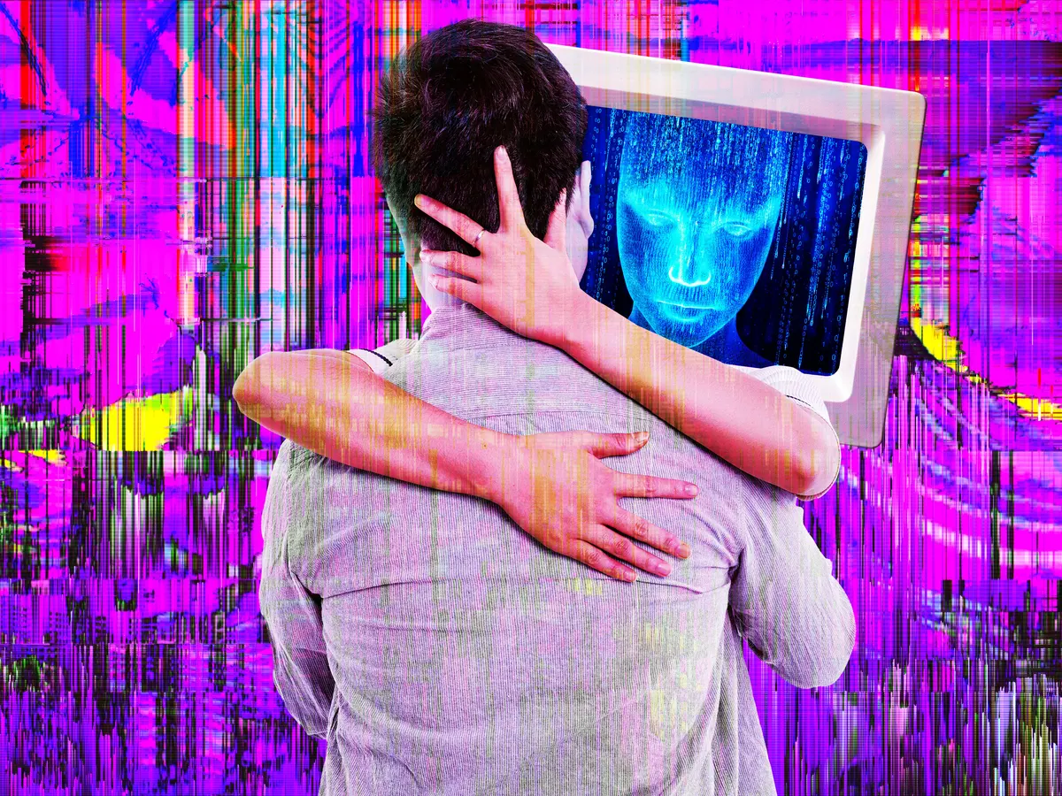uomo che abbraccia il computer