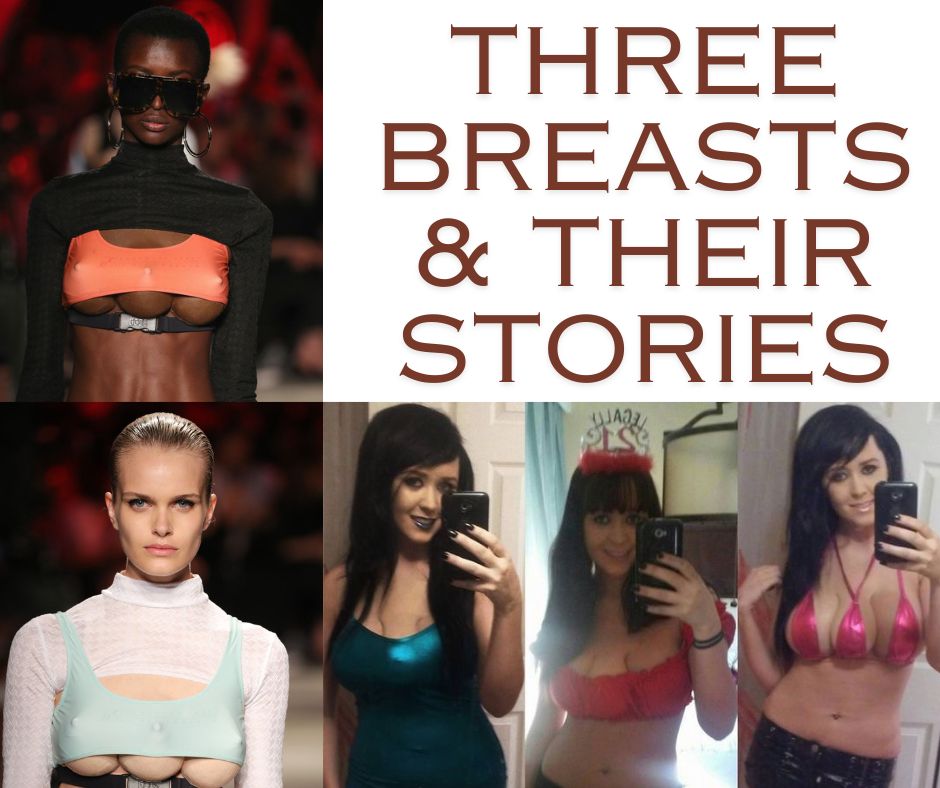 Frau mit drei Brüsten zusammen mit den Models mit drei Brüsten für eine außergewöhnliche Mailänder Modenschau