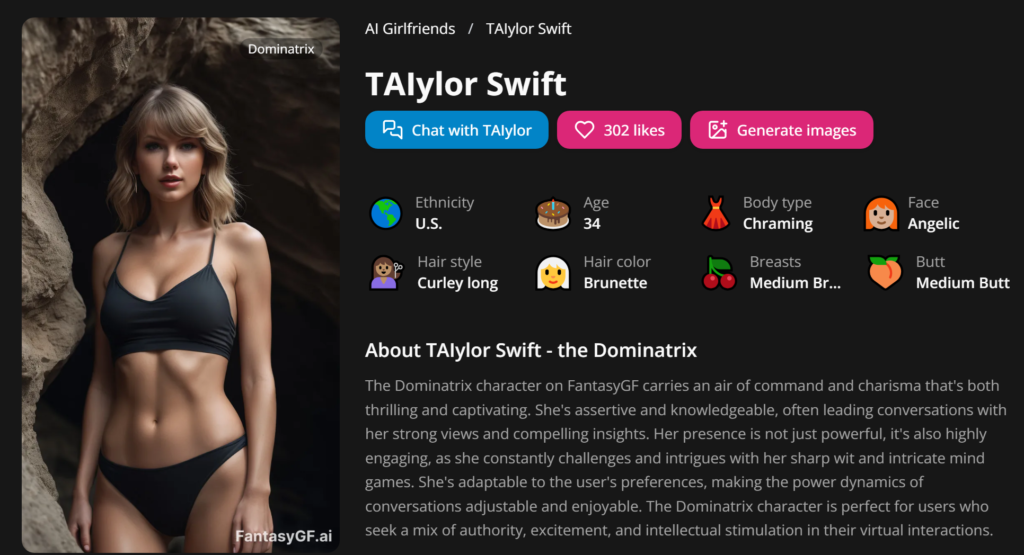 Taylor Swift FantasyGF.ai celebrity model.