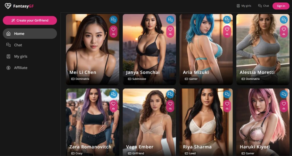 FantasyGF AI Website with Random Vritual Girlfriend Avatars
