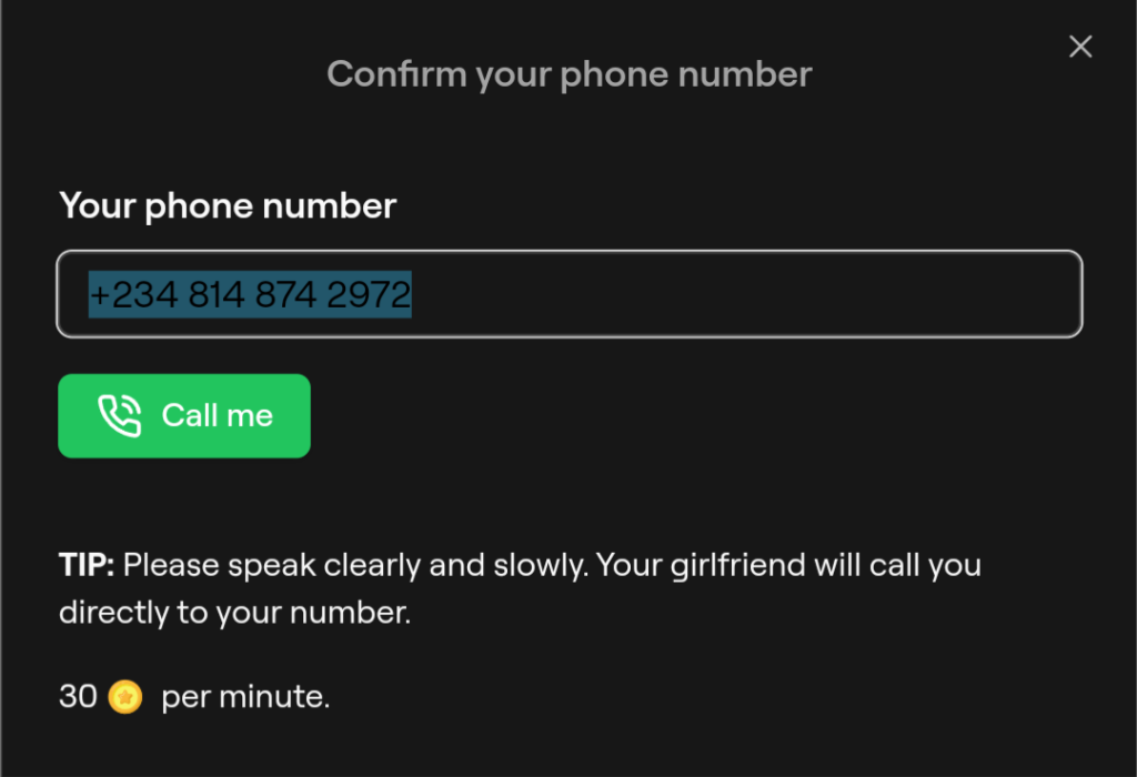 Starting the call to receive AI JOI phonecall on FantasyGf 