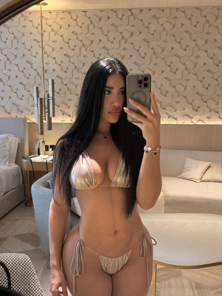 Ester Bron @esterbron OnlyFans model wearing silver two piece bikini mirror shot