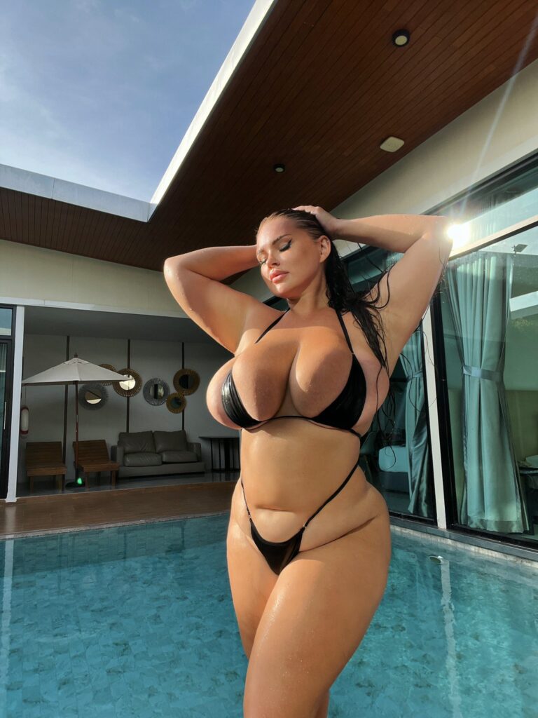 Alena Ostanova @alenaost OnlyFans big tits chubby model wearing black two piece bikini