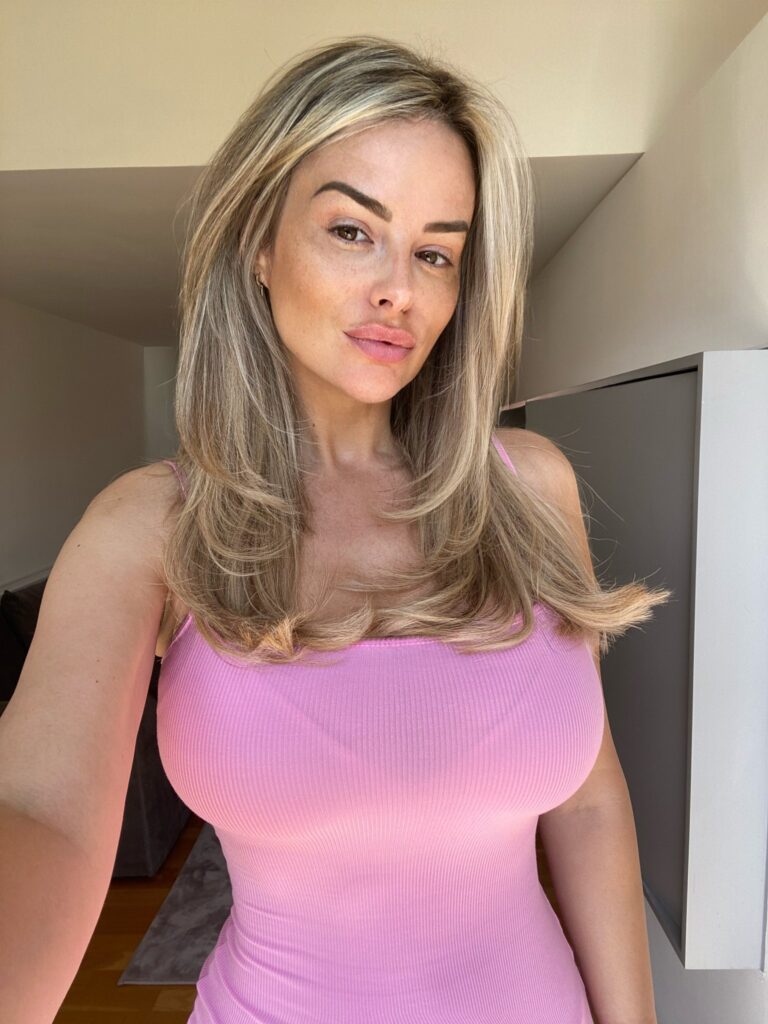 Rhian Sugden @rhiansugden OnlyFans big tits blonde model wearing pink dress